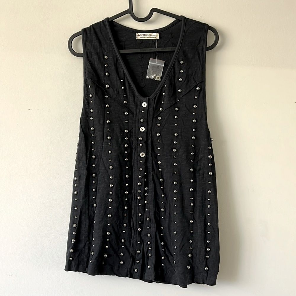 NWOT Free People Cotton black beaded tank top front buttons woman Small top